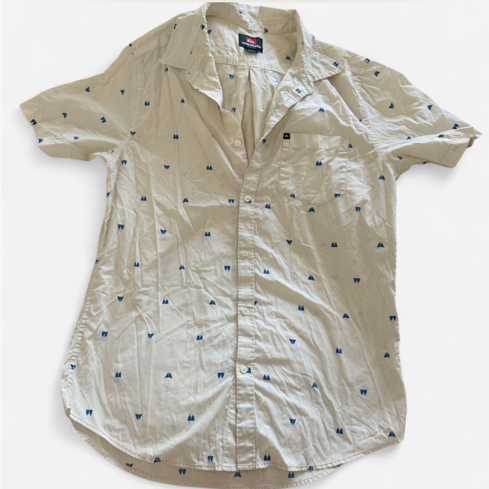 Quiksilver Men’s Beige Short-Sleeve Button-Up Shirt with Navy Micro Motif